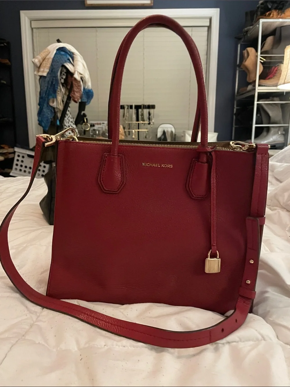 Michael Kors Cherry Red Leather Satchel with Gold-Tone Hardware